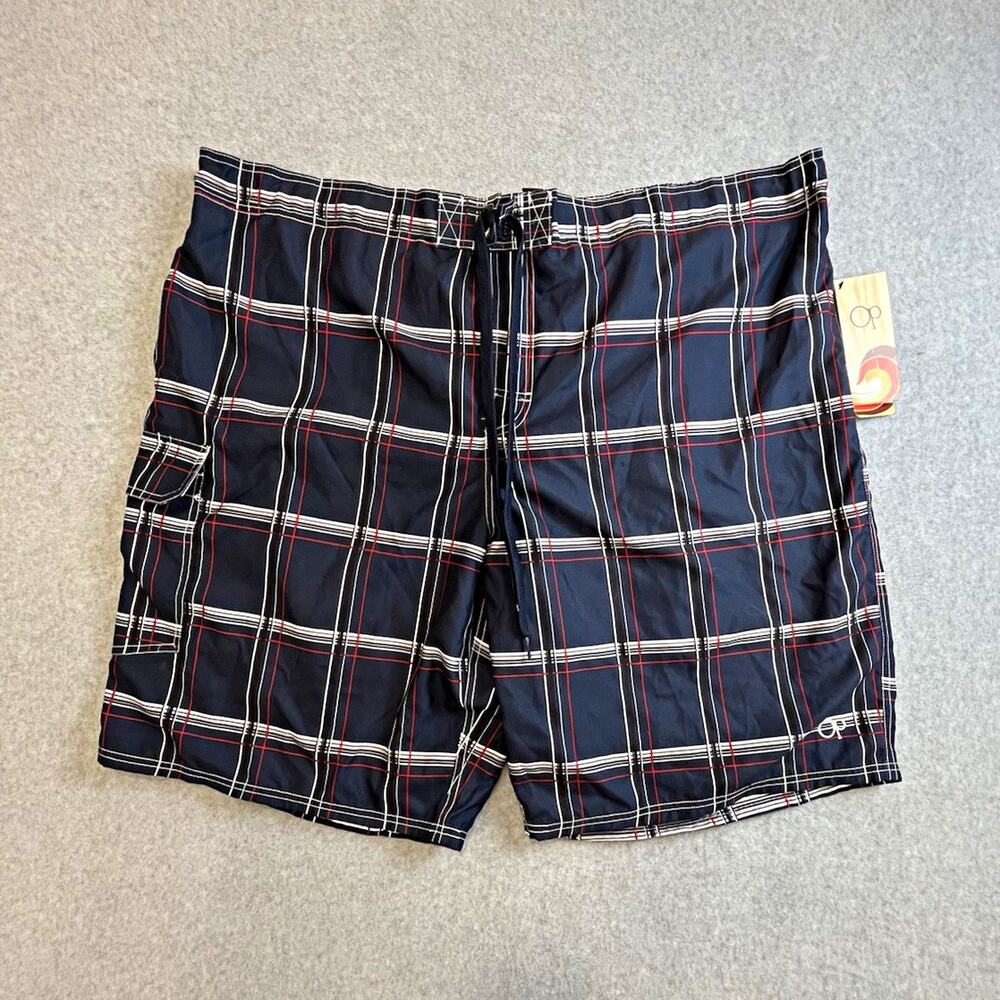 OP Men's 3XL Big & Tall Navy Plaid Swim Trunks w/ Drawstring Pockets